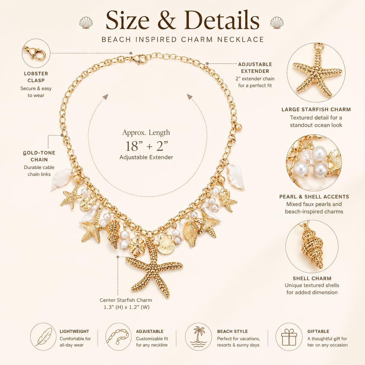 Shell Starfish Necklace for Women Gold Tone Layered Beach Jewelry Pearl Seashell Charm Adjustable Coastal Necklace for Summer Vacation Outfits Gifts