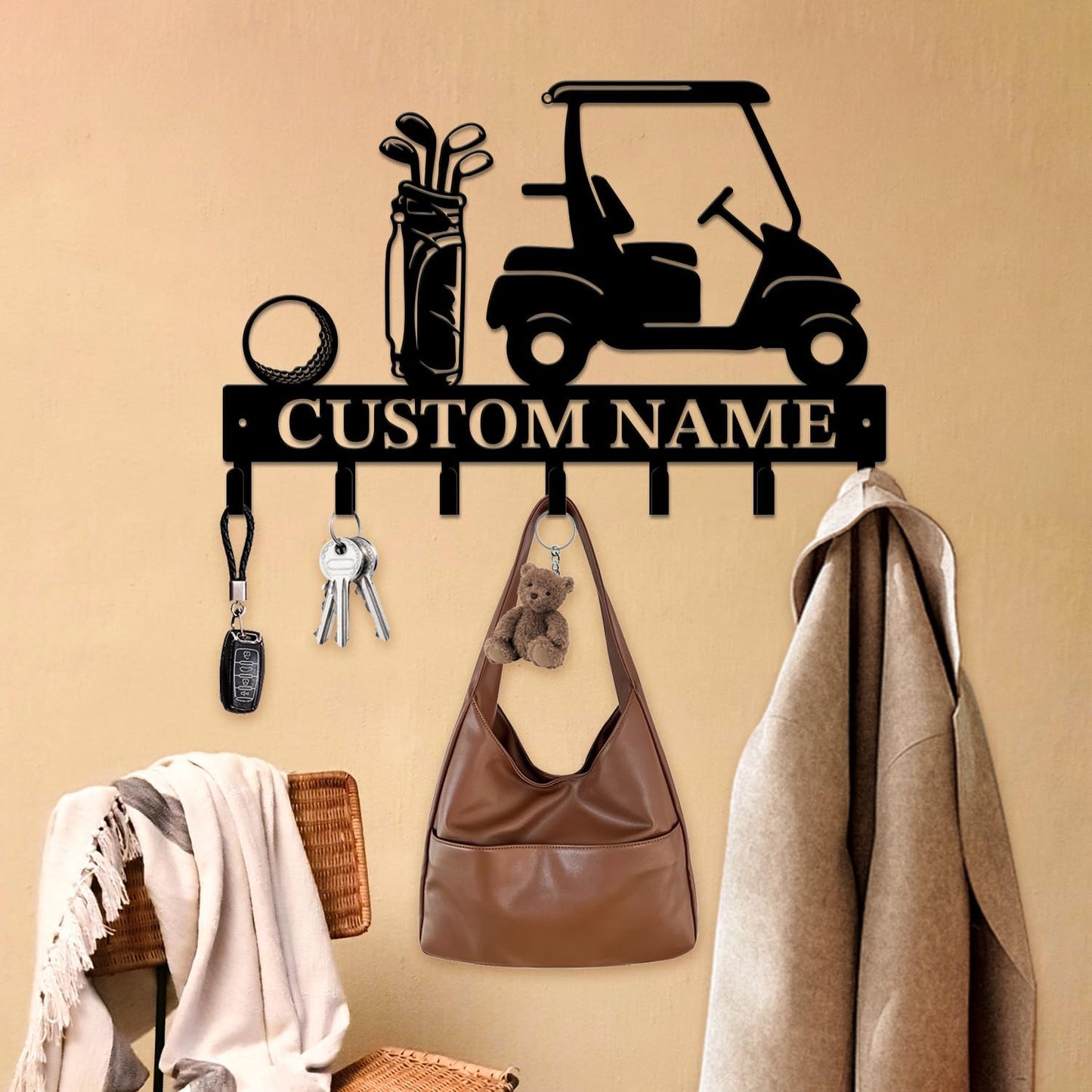 Personalized Custom Name Golf Ball Wall Keys Hooks,Metal Golf Art Clothes Hooks,Metal Golf Lover Wall Home Storage Decorative,For Front Door, Hallway, Kitchen, Bedroom,Keys,Hats (Style G)