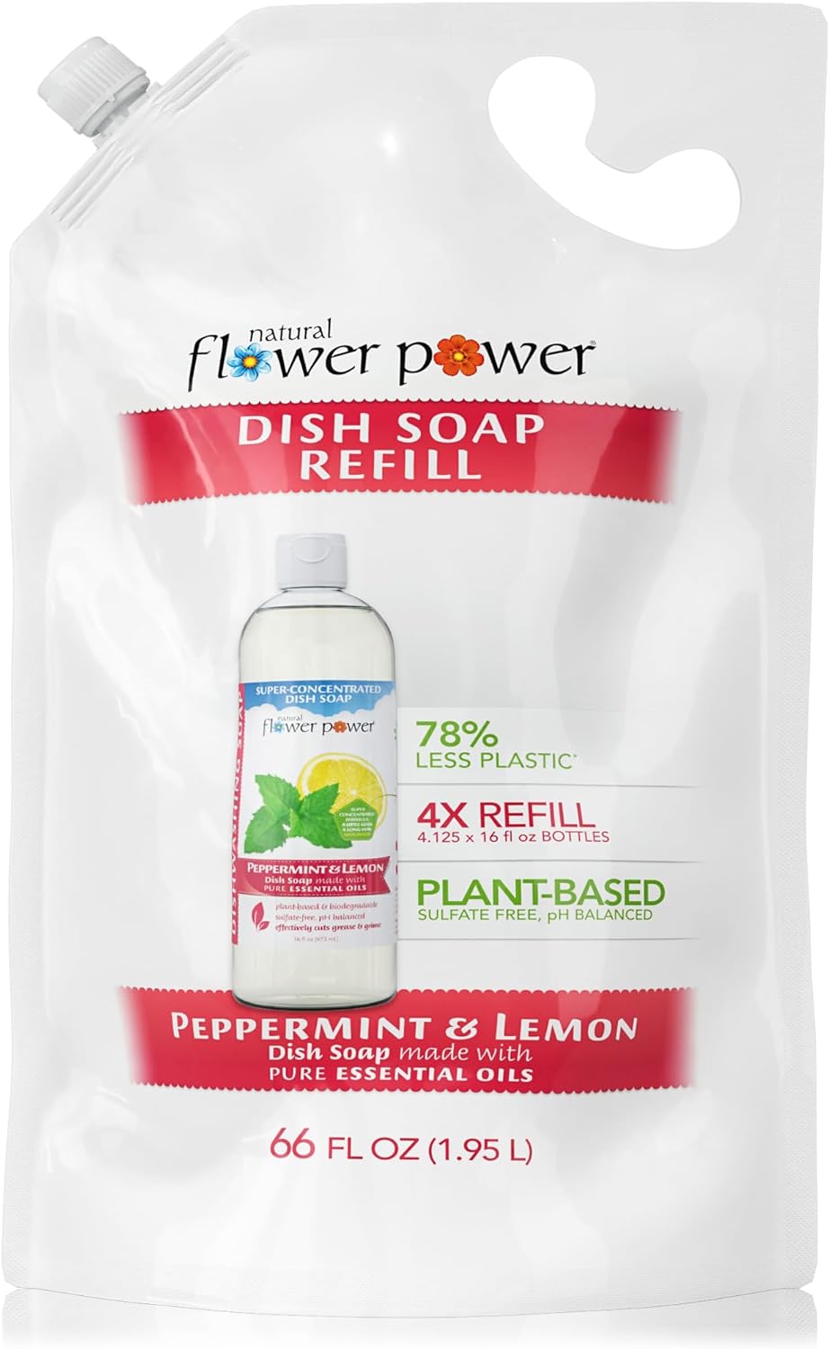 Natural Flower Power Liquid Dish Soap Refill – 66 Fl Oz Refills 4X – Plant-Based & Scented w/Pure Essential Oils – Natural Dishwashing Detergent – Sulfate-Free Kitchen Soap (Peppermint & Lemon)