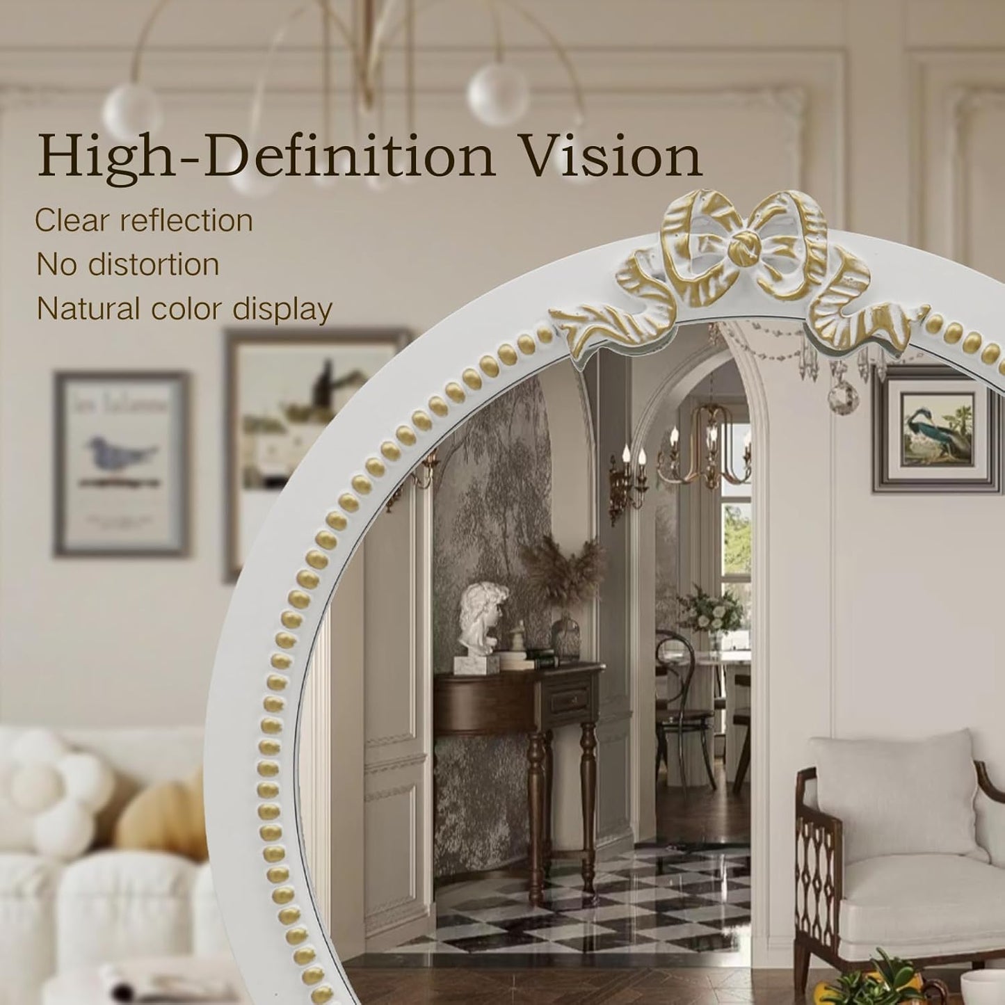 Vintage Round Wall Mirror 23.6inch Farmhouse Wooden Vanity Mirror for Wall Decor, Decorative Antique White Bathroom Mirrors, Traditional Art Home Bow Decor for Dressing Table, Living Room or Bedroom