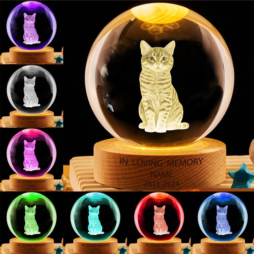 Personalized Cat Pet Photo Memorial Crystal Night Light Gift for Women, Custom Photo Picture Cat Pet 3D Memorial Crystal Ball Night Light Lamp for Bedroom Room Decor Party Bar Pet