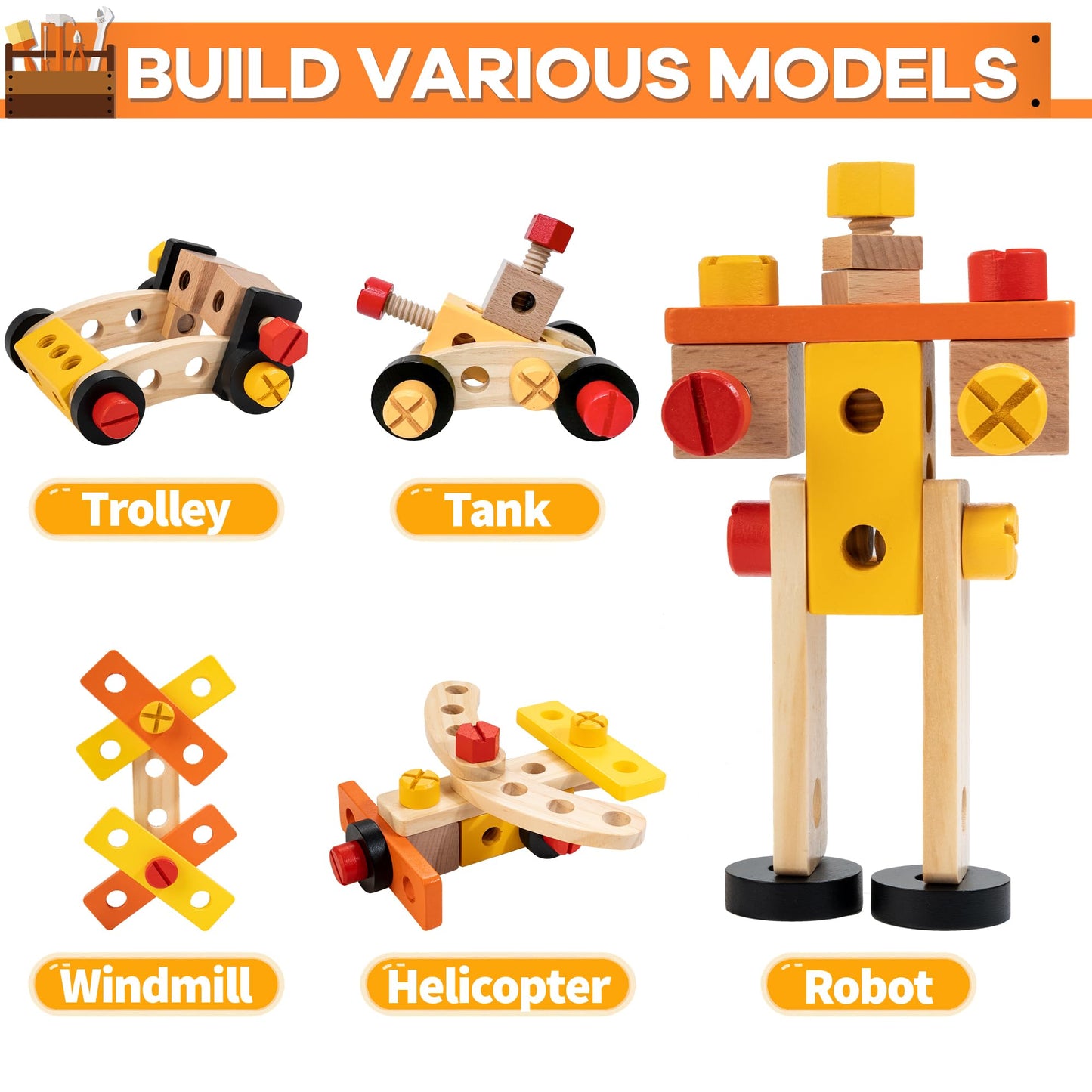 KIDWILL Wooden Tool Bench for Kids, 54-Piece Kids Tool Set with 2-in-1 Workbench & Take-Along Tool Kit, STEM Educational Toy Tools for Kids Ages 3 4 5 6 7 8 Years Old, Boy Toys