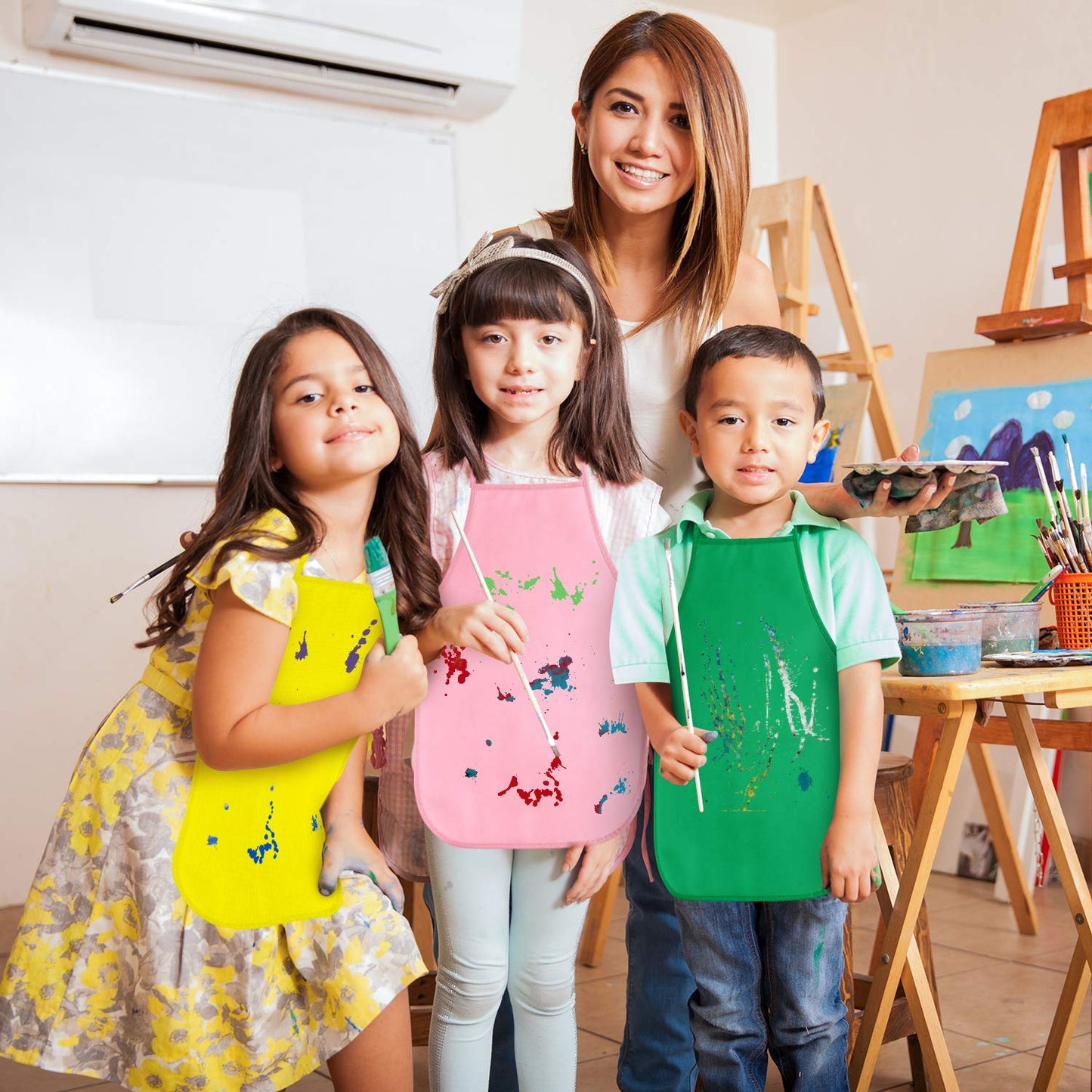 KUUQA 16 Pack Kids Art Aprons Children Painting Aprons Art Smocks Bulk for Craft Home Kitchen Classroom