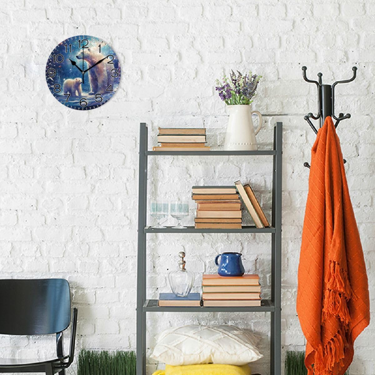 White Polar Bear Blue Lights Wall Clock Battery Operated Non Ticking Silent Quartz Analog Rustic Farmhouse Round Clock Retro Decor for Home Kitchen Living Room Bathroom