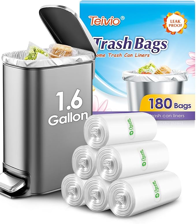 Teivio 1.6 Gallon 180 Counts Small Trash Bags Garbage Bags, Bathroom Trash Can Bin Liners, Small Plastic Bags for home office kitchen, Clear