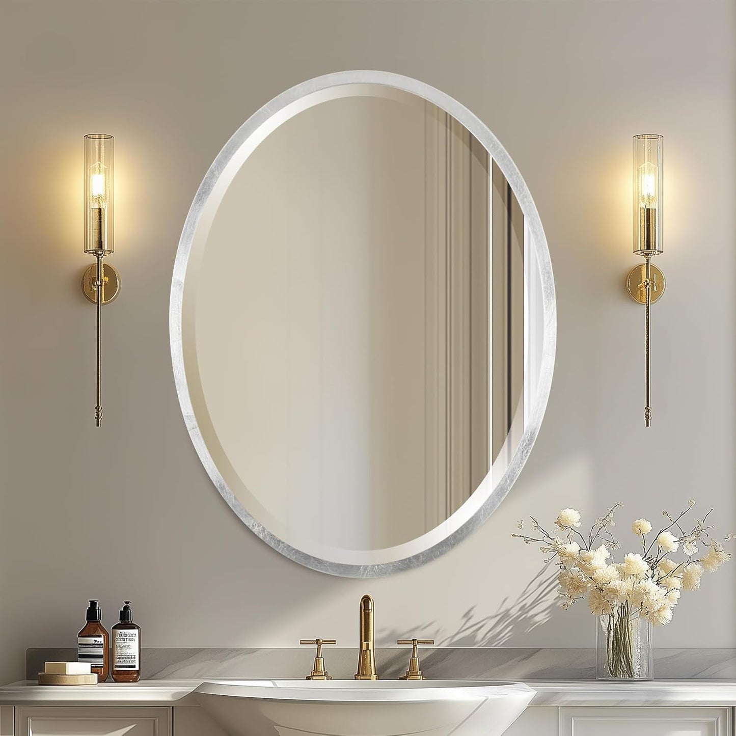 OVALCREST - Oval Wooden Beveled Wall Mirror for Home Decor, Bathroom, Vanity, Bedroom, Living Room, Hallway - London Style (Silver Leaf with Brown Antique) 13.1 x 17.1