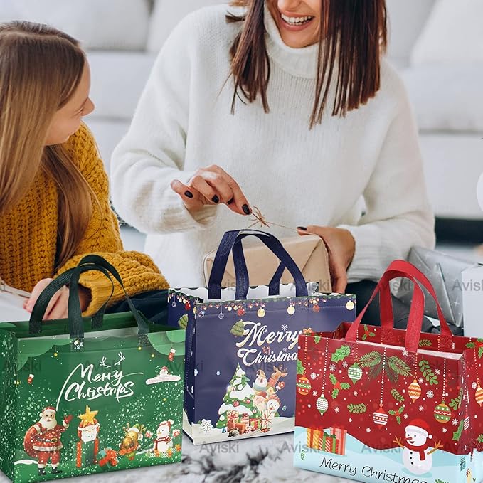 8PCS Christmas Gift Tote Bags with Handles, Multifunctional Non-Woven Bags for Gifts Wrapping Shopping, Xmas Party Supplies