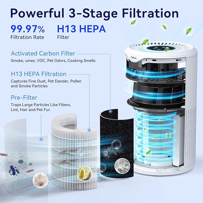 Air Purifiers for Home Large Room Up to 1500 Ft², Tailulu H13 HEPA Air Filter Cleaner, 360° Air Intake & Outlet,Smoke Dust Pollen,15dB Sleep Mode Air Purifiers for Bedroom Living Room, Kitchen, Office
