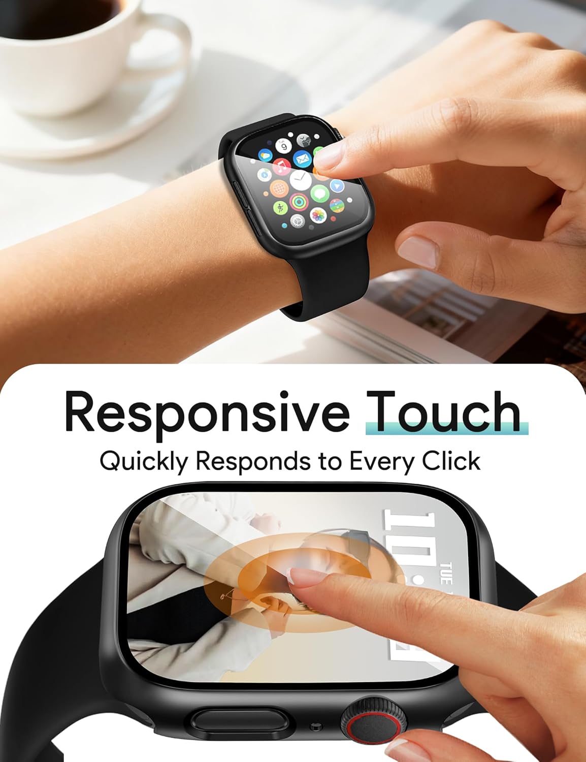 JR.DM 41mm 2 Pack Hard PC Case with HD Tempered Glass Screen Protector for Apple Watch Series 9/8/7, Slim Guard Bumper Full Coverage Protective Anti-Scratch Face Cover for iWatch, Black+ Black