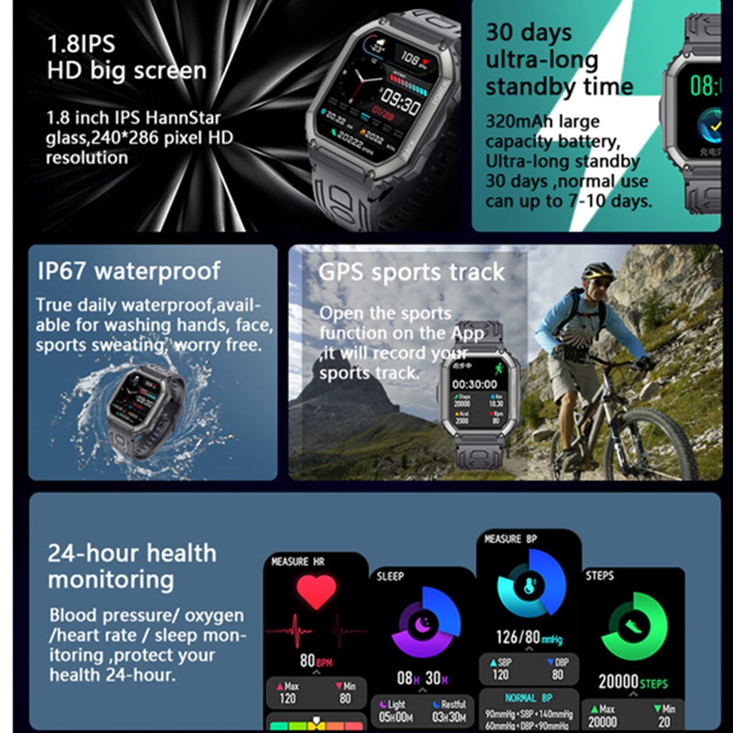 Kr06 Sports Smart Watch 1.8 Inch Bluetooth Call Music Play Voice Assistant Health Monitor Multi Sports Modes Fitness Tracker (Gr