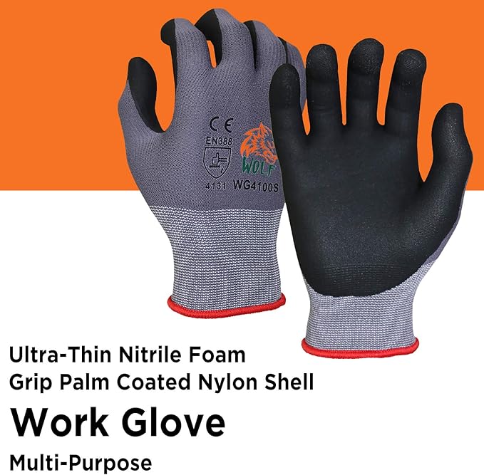 WOLF Ultra-Thin Nitrile Foam Palm Coated Glove with Tacky Dot Grip, Multi Purpose