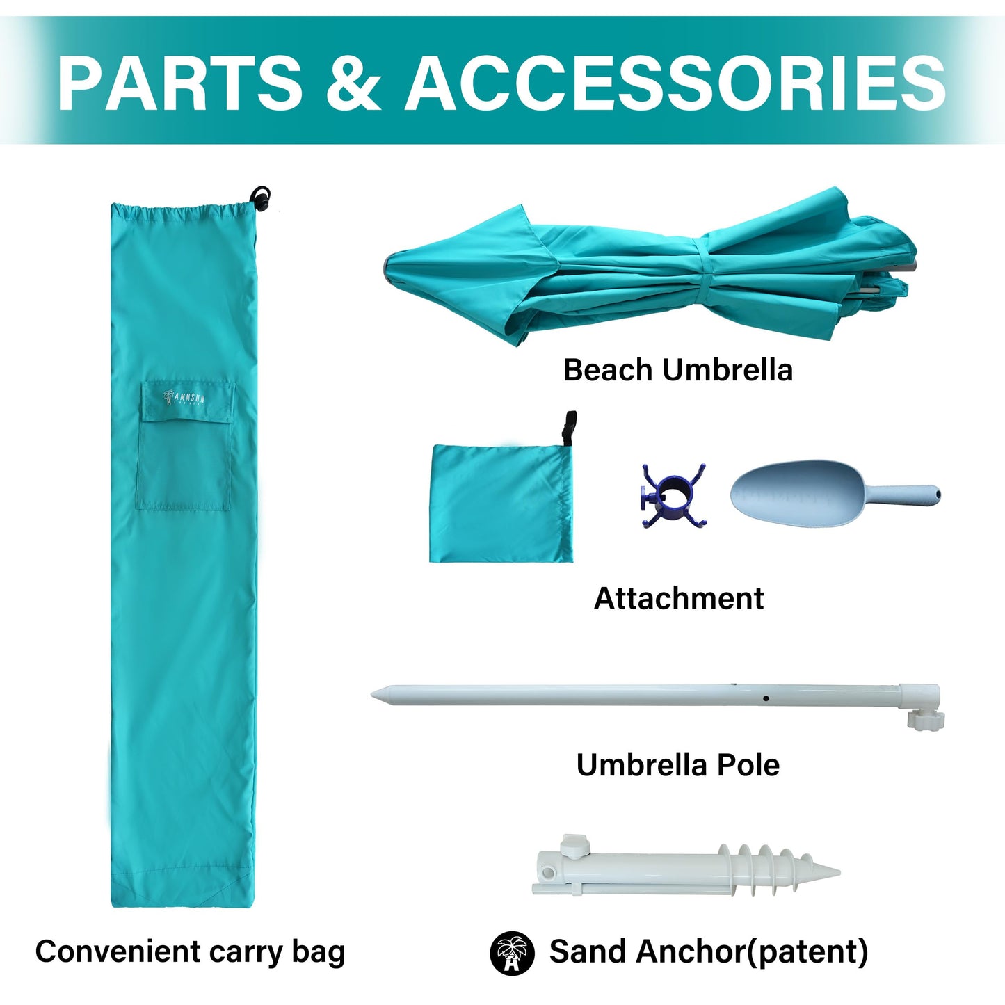 AMMSUN 8ft Large Beach Umbrellas for Sand Heavy Huty Wind Portable Commercial Grade Patio Beach Umbrella with Sand Anchor Adjustable Height Air Vent UPF 50+ Telescoping Pole without tilt Teal