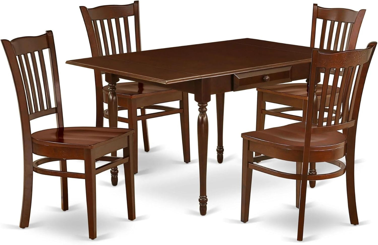 East West Furniture MZGR5-MAH-W 5 Piece Modern Dining Table Set Includes a Rectangle Wooden Table with Dropleaf and 4 Dining Room Chairs, 36x54 Inch, Mahogany