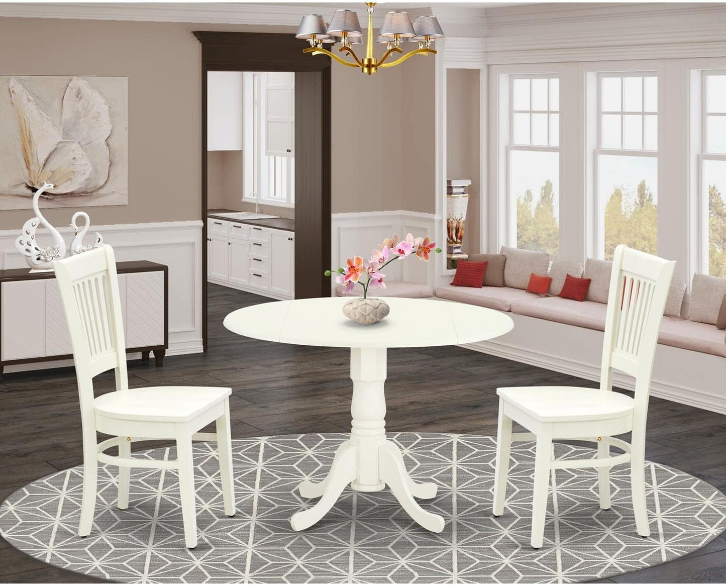 East West Furniture DLVA3-LWH-W 3 Piece Modern Dining Table Set Contains a Round Wooden Table with Dropleaf and 2 Dining Room Chairs, 42x42 Inch, Linen White
