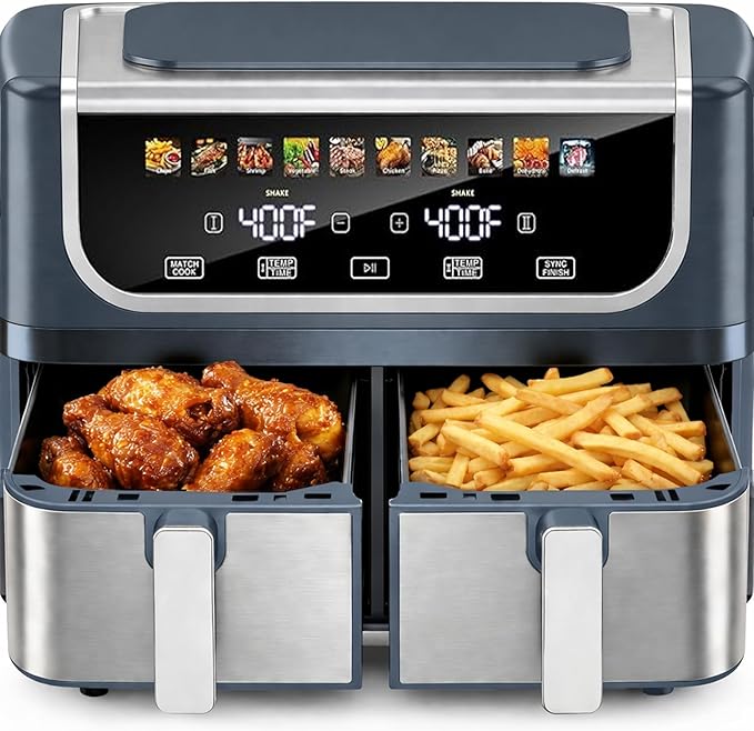 Simple Deluxe 9.5-Qt Dual Basket Air Fryer, 10-in-1 Digital Preset Airfryer, Sync Cook, Independent Temp Control, Shake Reminder, Nonstick Basket, Grey
