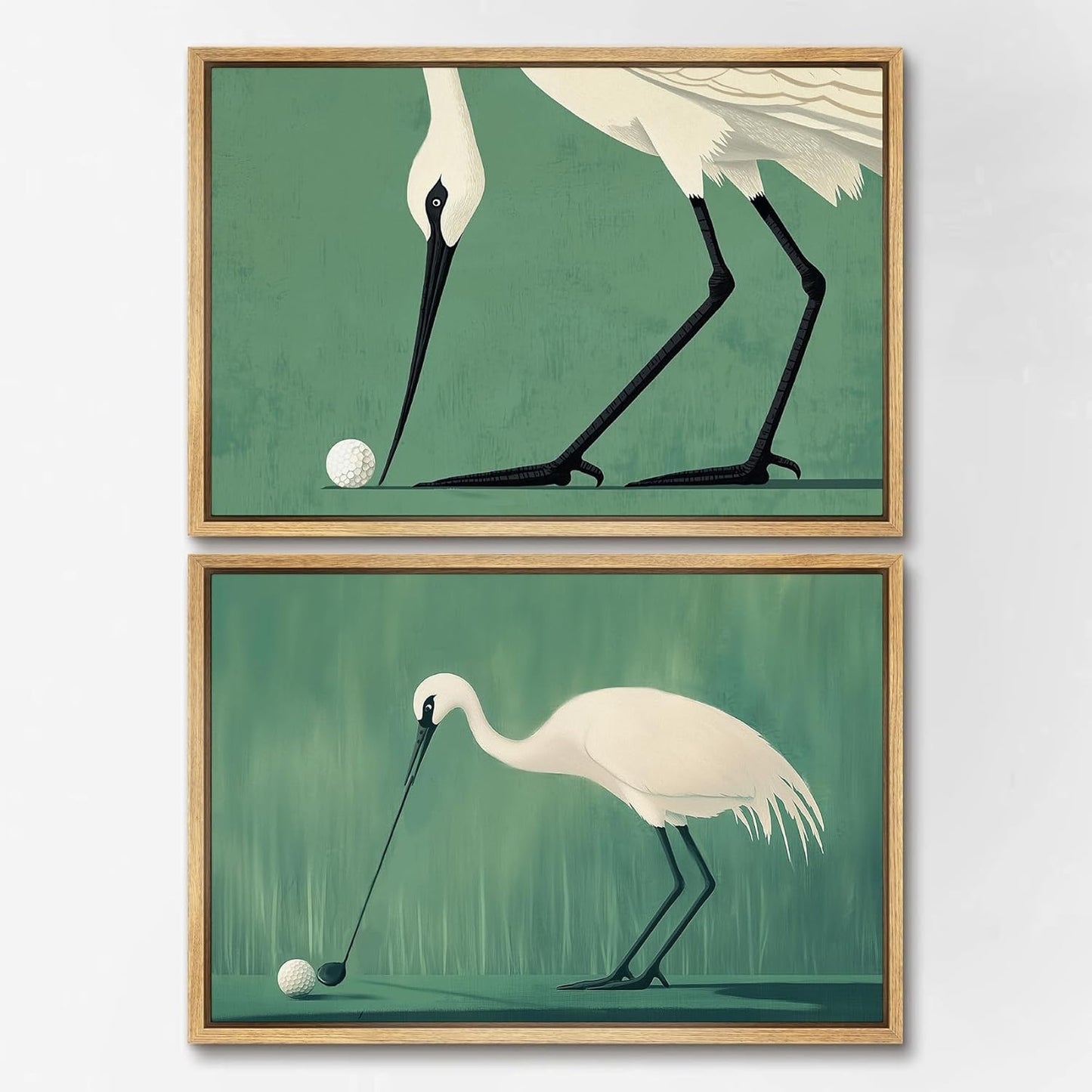 SIGNWIN Framed Canvas Print Wall Art Set Funny Crane Playing Golf Whimsical Bird Illustrations Modern Art Rustic Minimal for Living Room, Bedroom, Office - 24"x36"x2 Natural