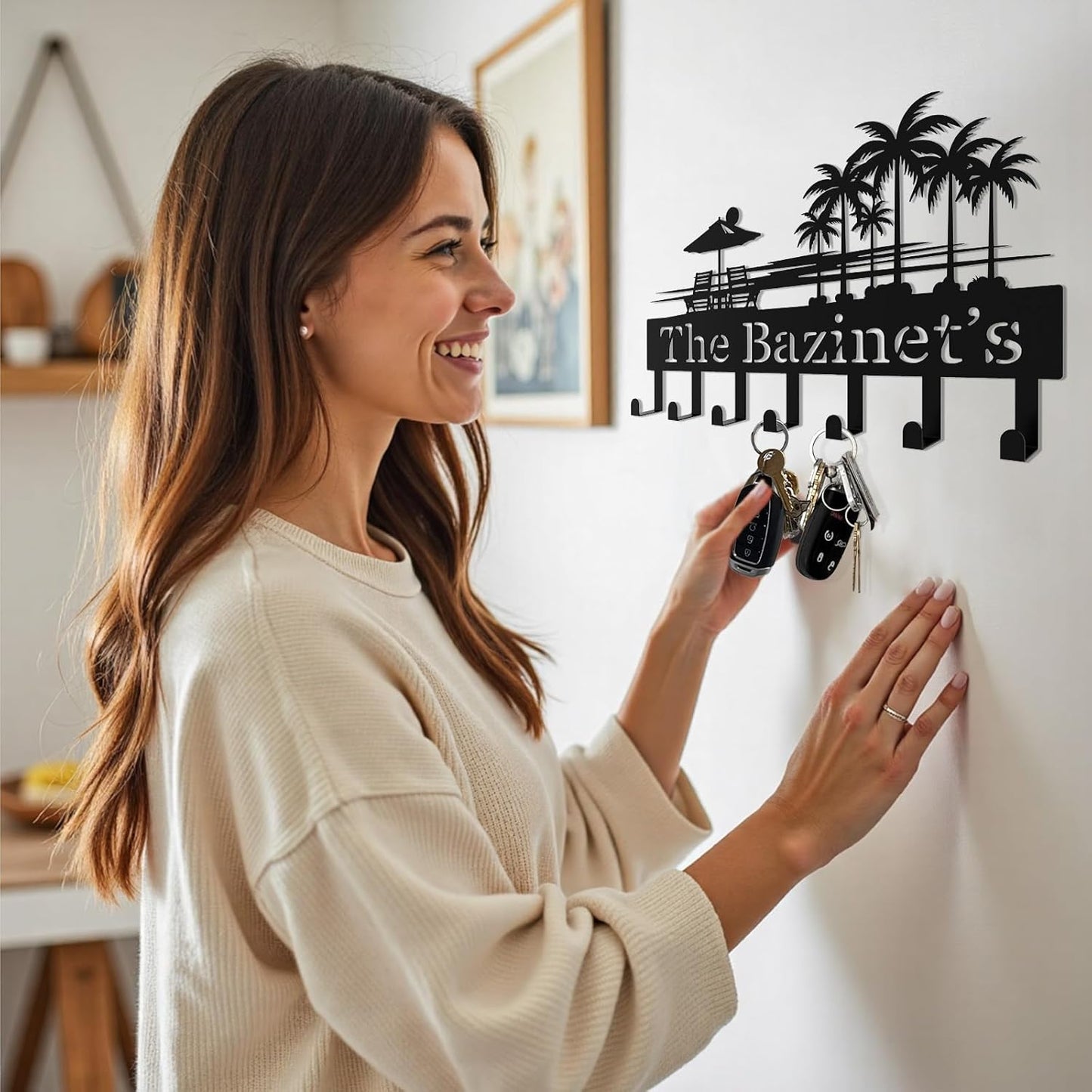 Tropical Key Hook Wall Decor,Personalized Key Holder of Palm Tree & Beach Lounge Chair Design,Stylish Key Holder Wall Mounted for Hallway,Front Door,Entryway