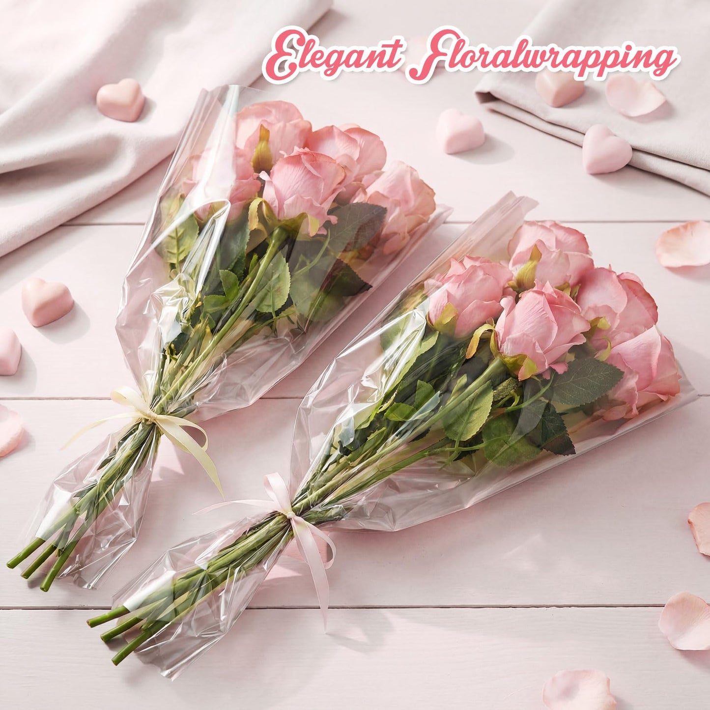 Jaloro 200 Pcs Pink Flower Bags for Bouquets 17.7 x 11 Inch Mother's Day Large Plastic Flower Sleeves Bulk with Ribbon Florist Supplies for Wedding, Birthday, Spring Graduation Gift Wrapping