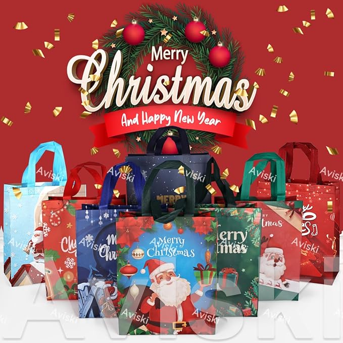 16PCS Christmas Tote Treat Non-Woven Gift Bags with Handles for Gifts Wrapping Shopping, Xmas Party Supplies, 12.2×9.8×4.53inch