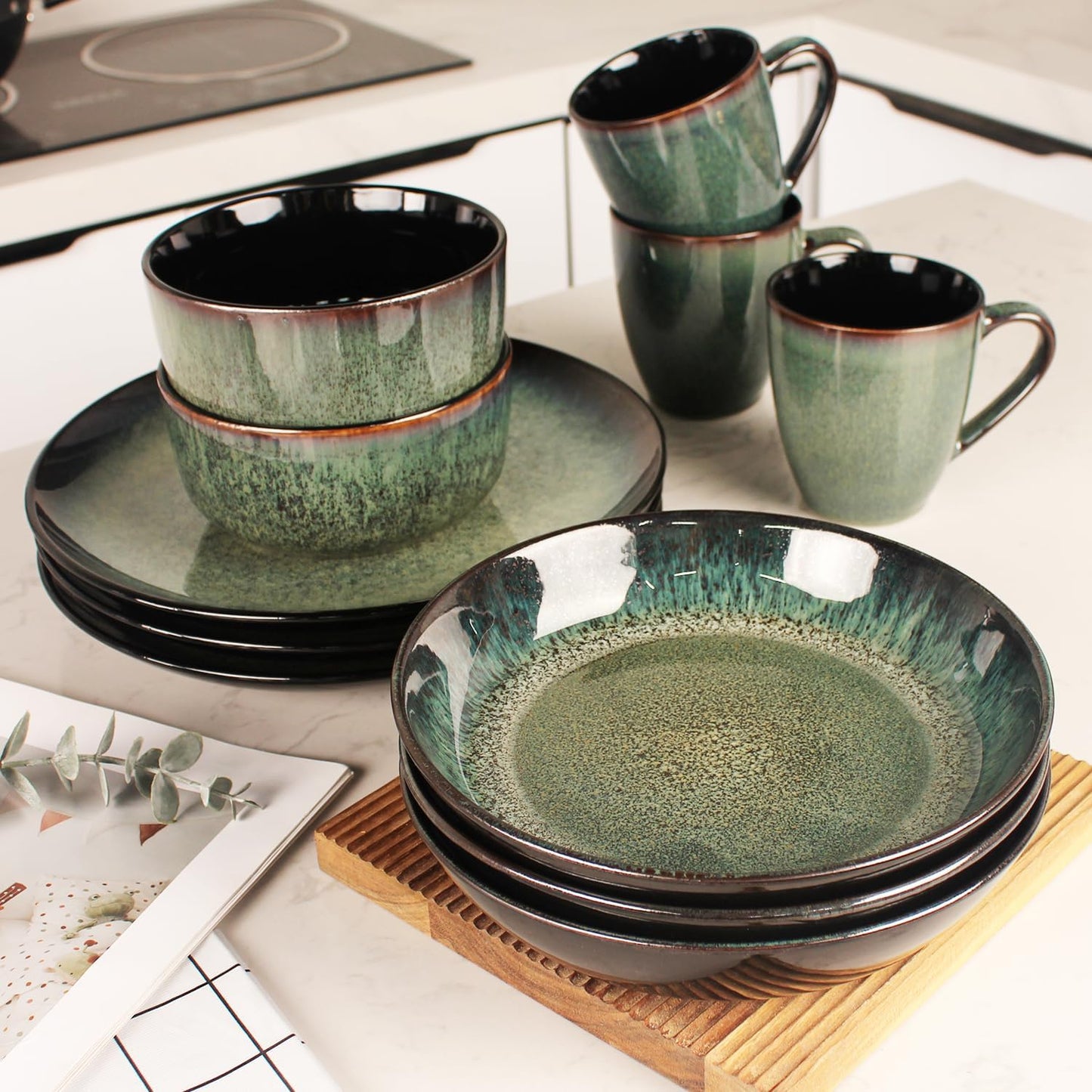Dinnerware Sets(16Pcs) Serves for 4, Reactive Glaze Plates and Bowls Set with Mug,8.3"Salad Plate,10.6"dinner Plate,5.5"bowl, Modern kitchen tableware,Microwave safe, Set No.2