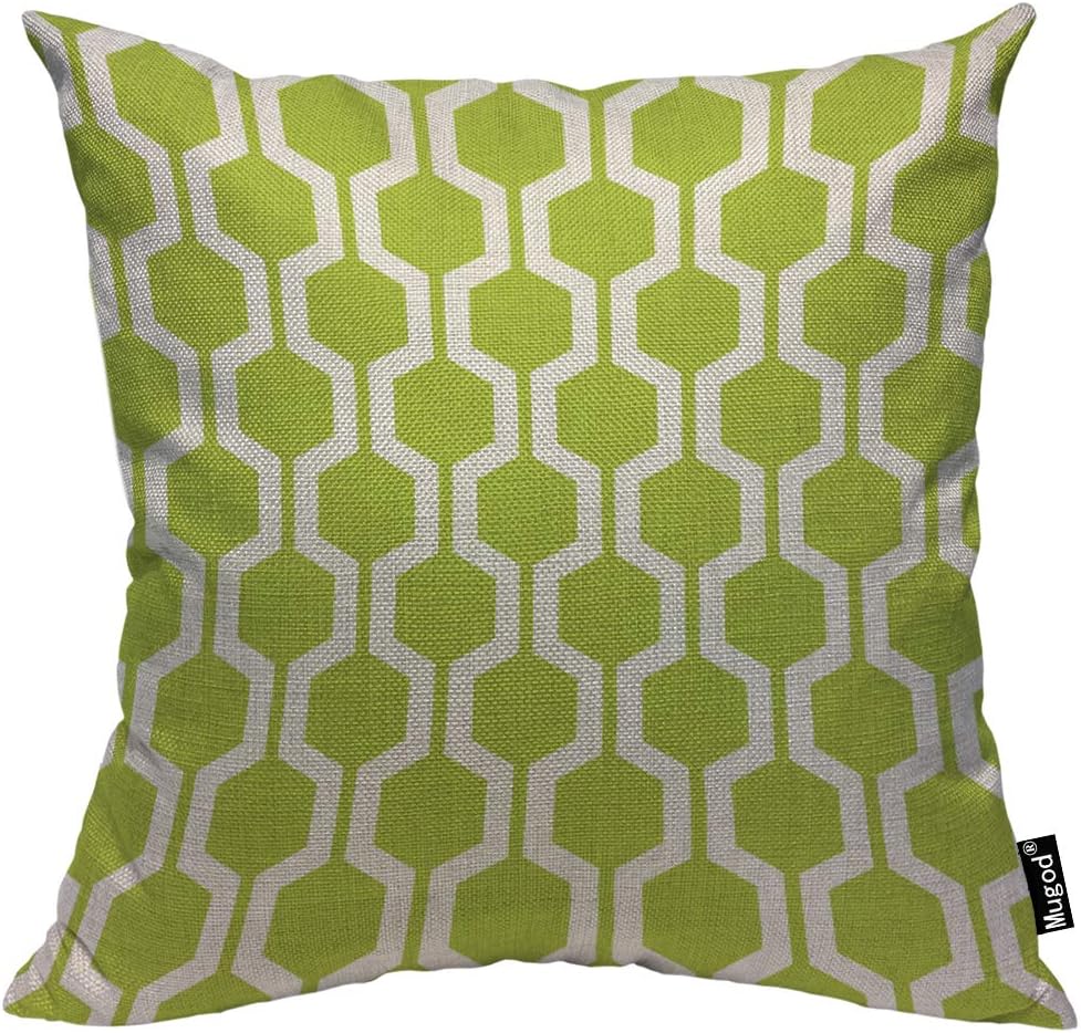 Mugod Hexagon Pattern Throw Pillow Geometric Trellis Polygon Lime Green and White Cotton Linen Square Cushion Cover Standard Pillowcase 18x18 Inch for Home Decorative Bedroom/Living Room/Car