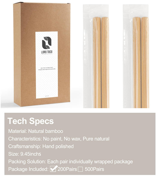 LOROTOCO 200Pairs Bamboo Chopsticks Disposable | Individually Wrapped | Bulk | Separated | Round | Premium Quality-（9.45in)