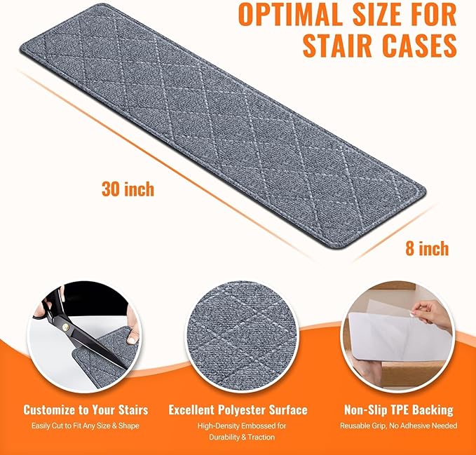 Stair Treads Non-Slip for Wooden Steps, 4Pack - 8" x 30" Edging Stair Runner Indoor for Kids Elders & Pets, Washable Carpet Stair Treads with Peel & Stick Reusable TPE Backing, Grey