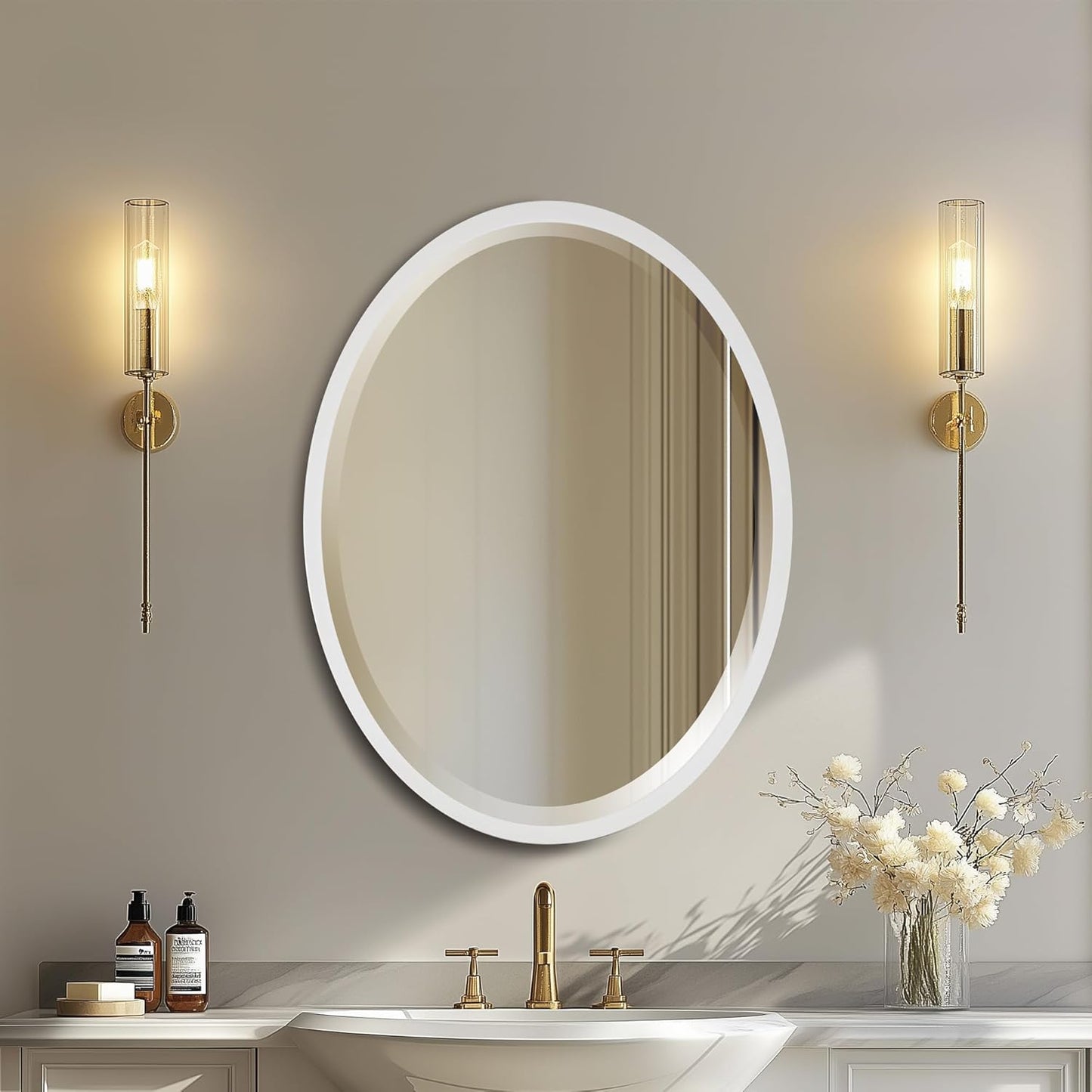 OVALCREST - Oval Wooden Beveled Wall Mirror for Home Decor, Bathroom, Vanity, Bedroom, Living Room, Hallway - London Style (Linen White) 25.1 x 37.1