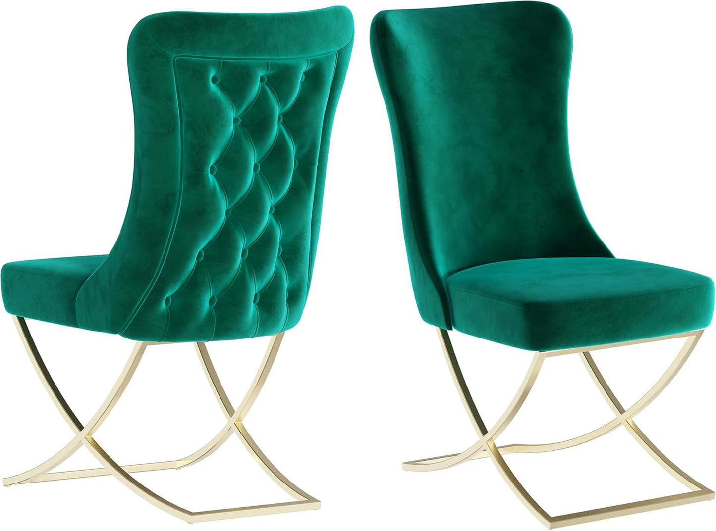 Ottomanson Royal Dining Chairs Set of 4 – Upholstered Tufted Microfiber, Assembled, Gold Metal Legs, Beech Wood Frame, 350 lb Capacity, Green