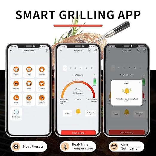 Wireless Meat Thermometer Digital, 777ft Long Range Bluetooth Meat Thermometer for Turkey, Smart Food Thermometer for Oven, Grill, Smoker, BBQ, Air Fryer, App Remote Monitor (Upgrated)