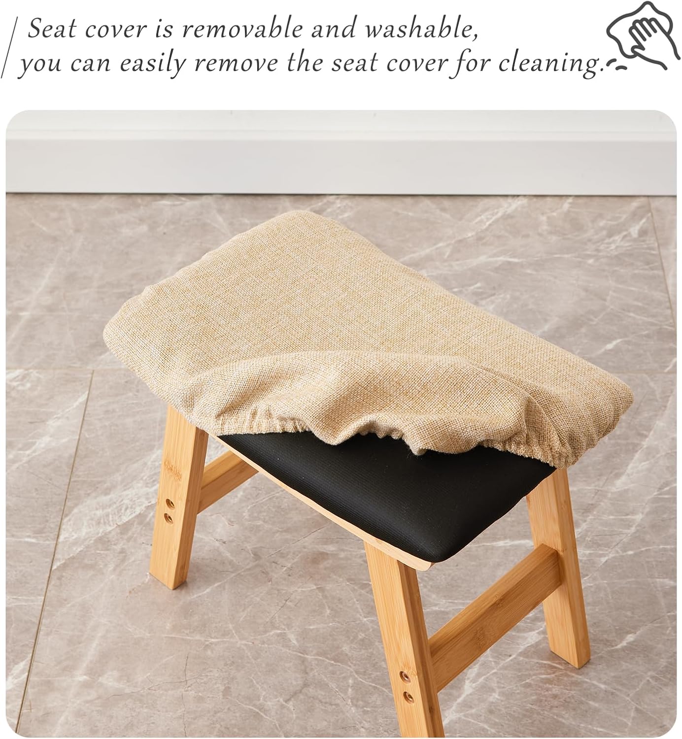 Foot Stool,Ottoman,Bamboo Small Sofa Foot Rest Under Desk,Extra Seating for Living Room, Bedroom and Kitchen (Natural Stool Legs - Beige Surface)
