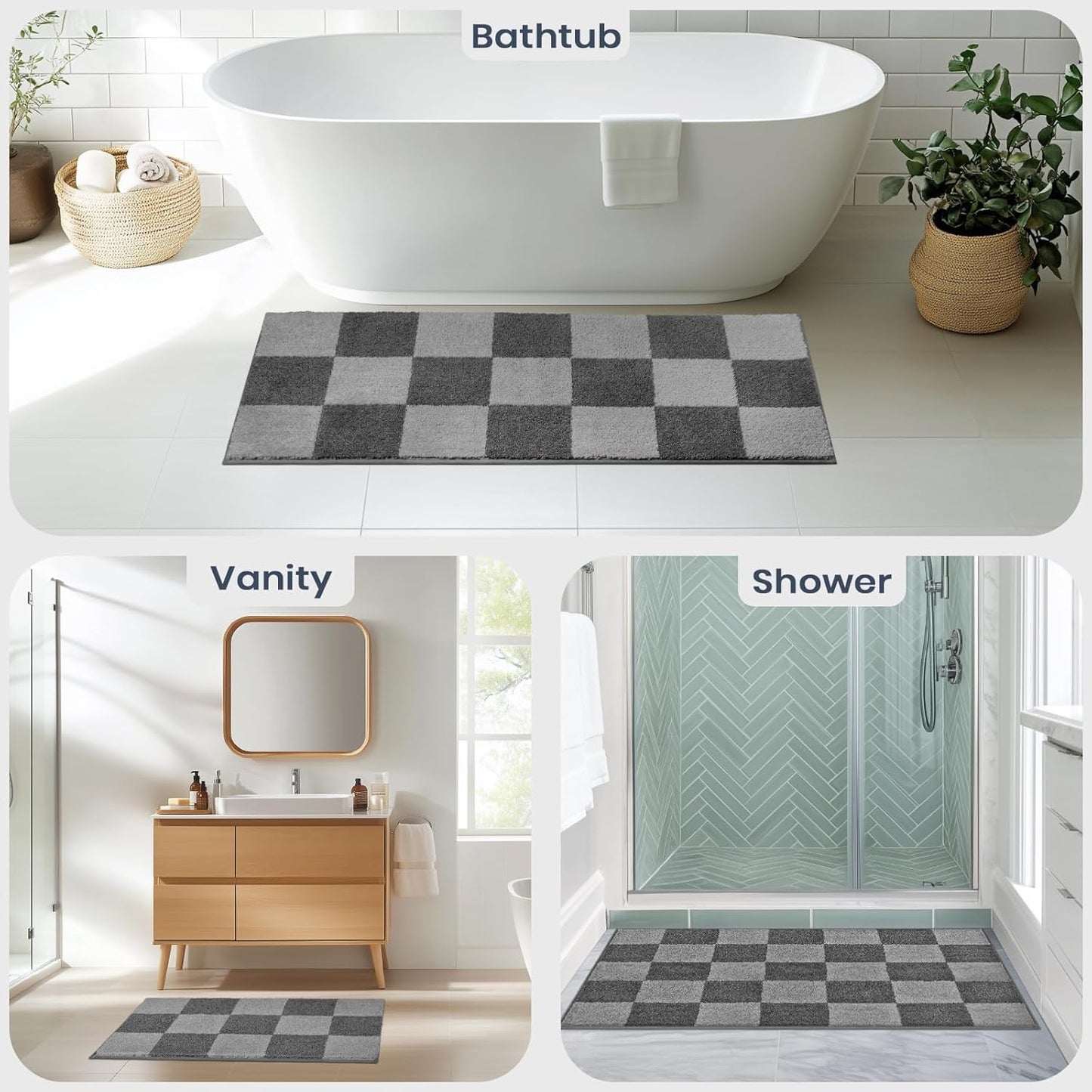 PURRUGS Bathroom Rug Non-Slip Machine Washable 20" x 30", Super Absorbent and Quick-Dry Bath Mat, Extra Soft and Plush Bath Rug for Shower, Bathtub and Sink, Grey & Dark Grey