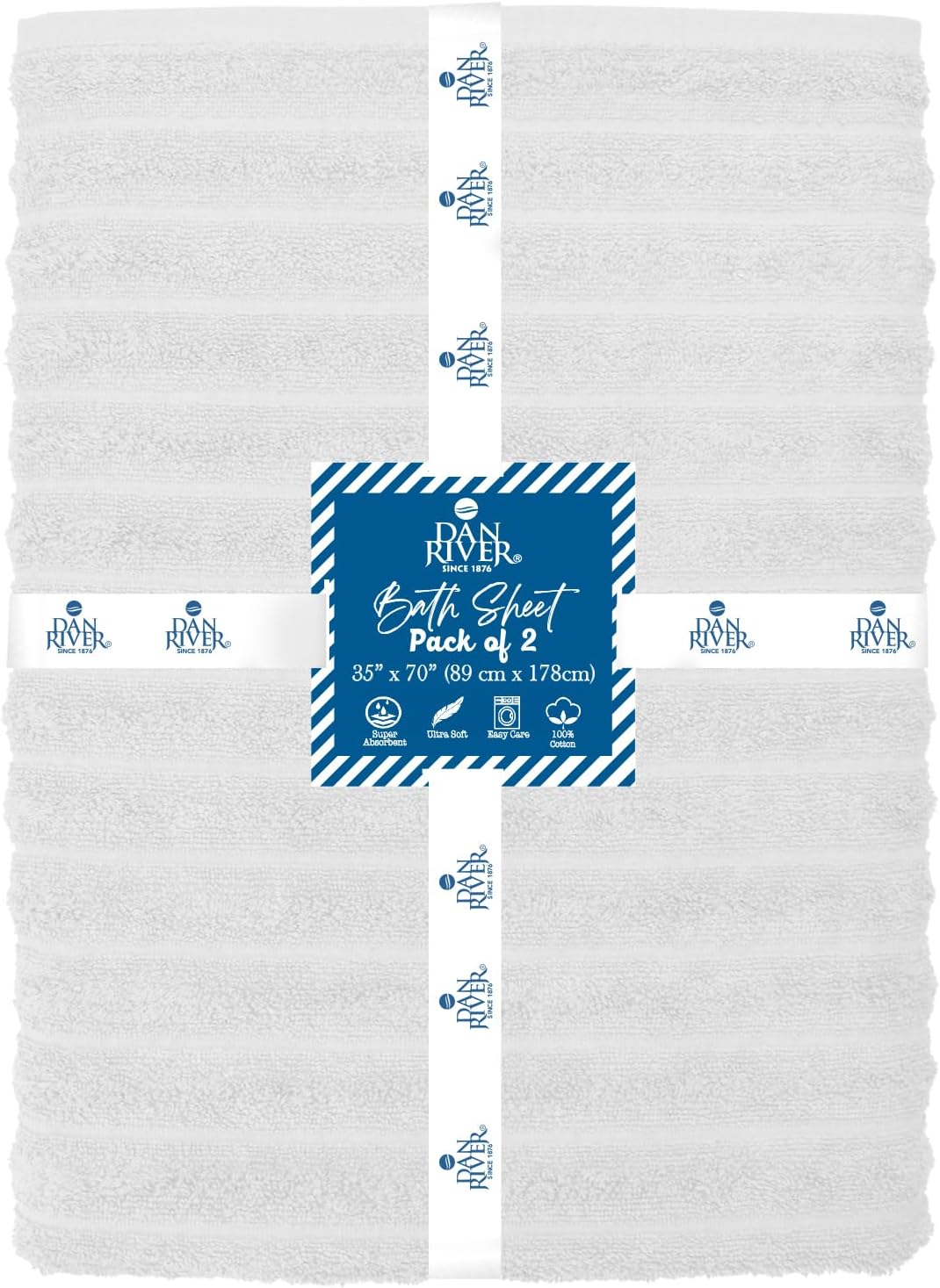 DAN RIVER Pack of 2 Bath Sheet 35x70 Inches, Super Soft Quick Dry Ribbed Cotton Towels, Luxury Oversized White Bath Towels