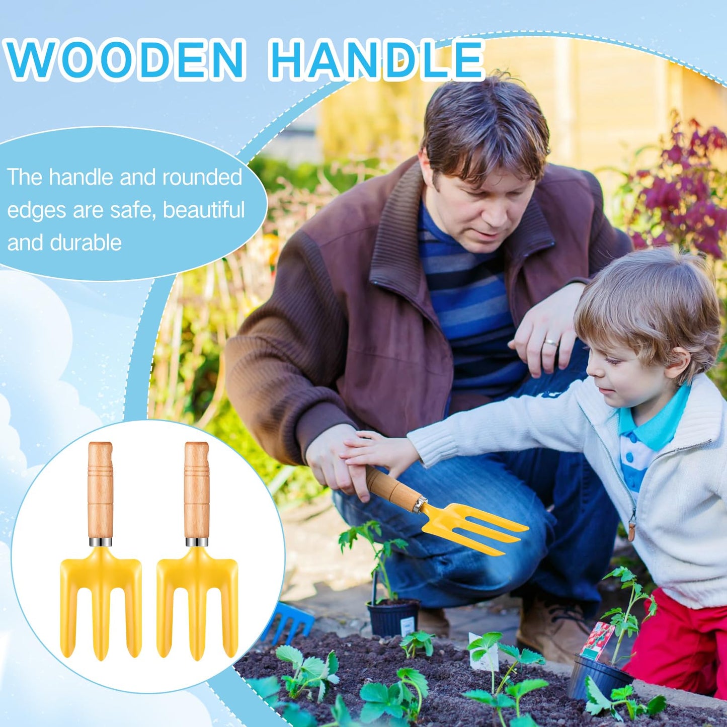 Motionchic 8" Kids Gardening Tools, Metal Beach Sandbox Digging Toys with Wooden Handle, Including Shovel, Rake, Fork and Trowel, Garden Sand Snow Tools for Children Gift Outdoor Gardening(24 Pcs)