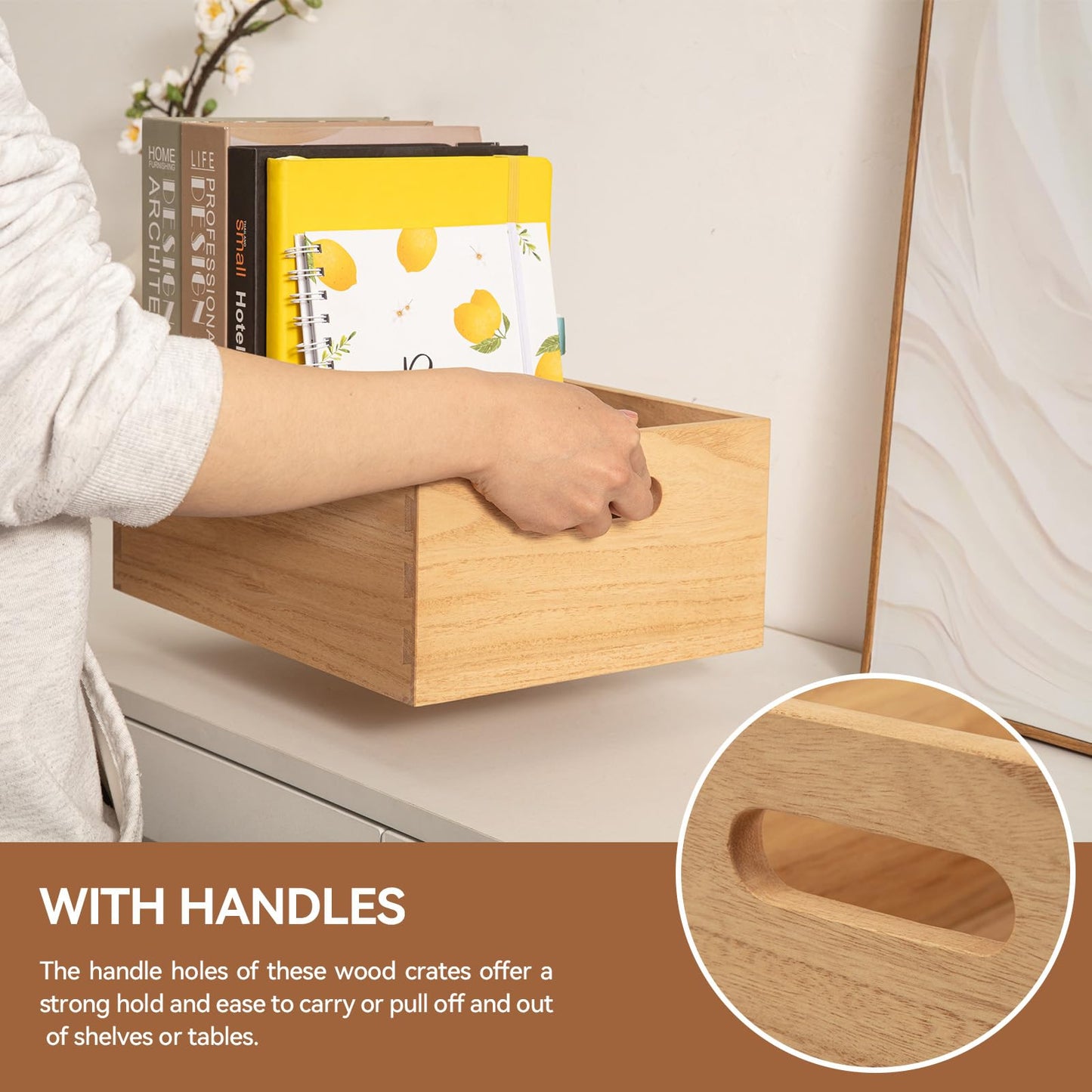 KIRIGEN Nesting Wood Crates with Handles, Set of 3 Decorative Storage Boxes, Farmhouse Shelf Bins for Pantry, Bathroom, Craft Room, Toys, Towels, Books, 15.75 x 11.8 x 5.9 in, Natural 3TH-NA