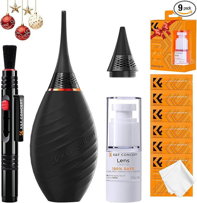 K&F CONCEPT 10-in-1 Camera Lens Cleaning Kit for DSLR Camera Lens Filter Cell Phones with Advanced Silicone Air Blower*1+Short Nozzle*1+Long Nozzle*1+Cleaning Cloth*6+Cleaning Pen*1+15ML Cleaner*1
