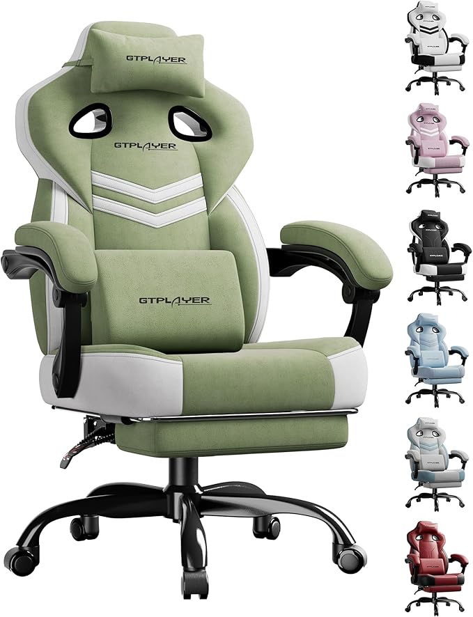 GTPLAYER Gaming Chair, Computer Chair with Footrest and Lumbar Support for Adults, 360°-Swivel Big & Tall Reclining Seat for Office or Gaming (Green)