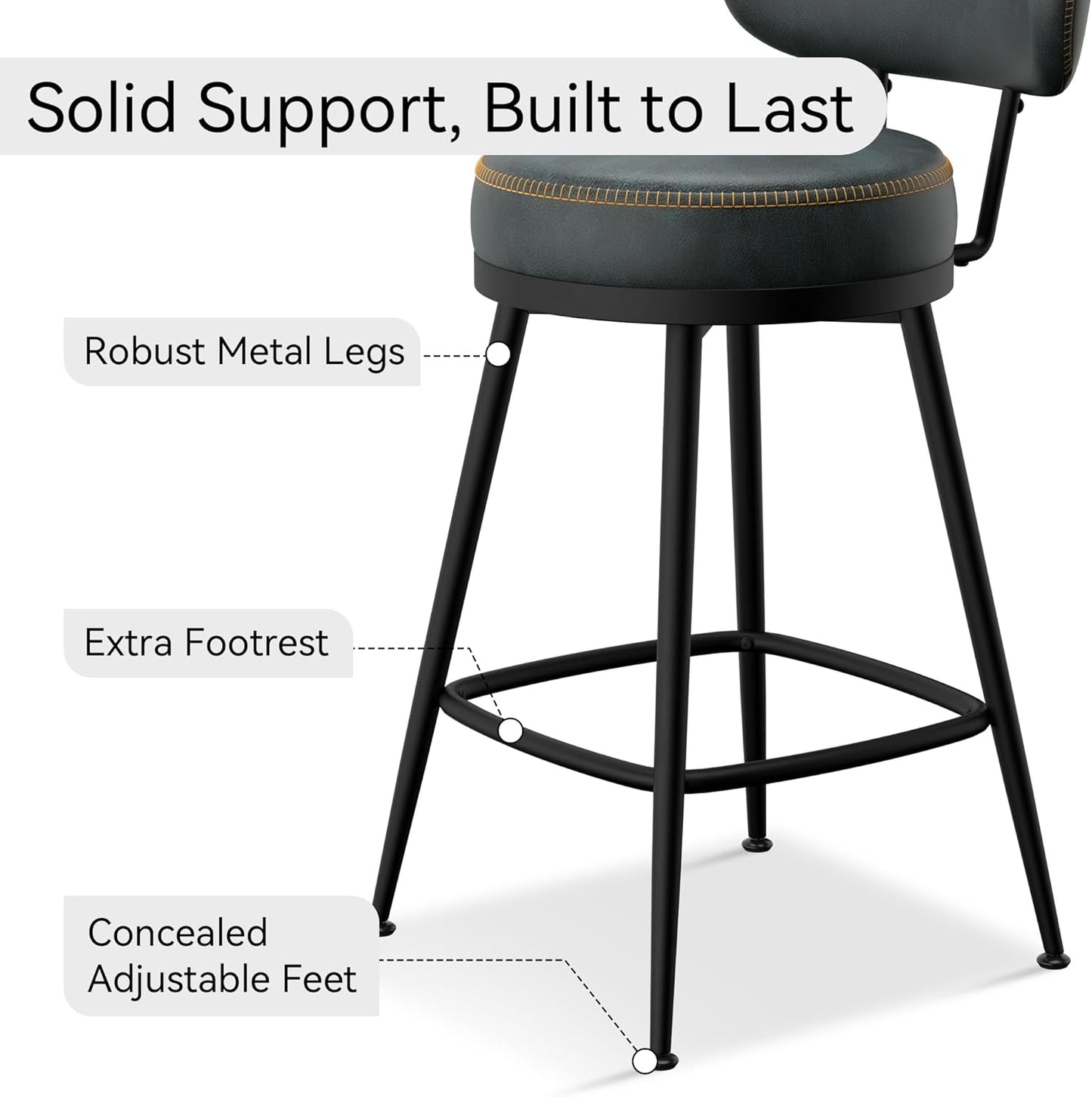 Counter Height Bar Stools, 26" H Swivel Barstools Set of 2, Faux Leather Kitchen Counter Stools with Back and Stylish Stitching, Metal Frame, Pub, Home Bar, Balck Green
