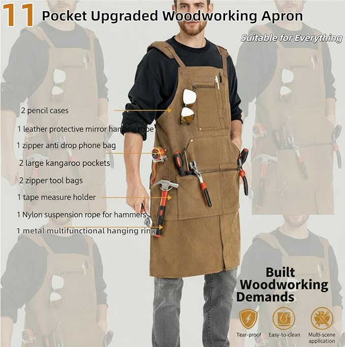 Waxed Canvas Work Apron Heavy Duty 20oz with 11 Pockets, Fully Adjustable for Carpenter, Woodworking, Blacksmith, Workshop & Garage