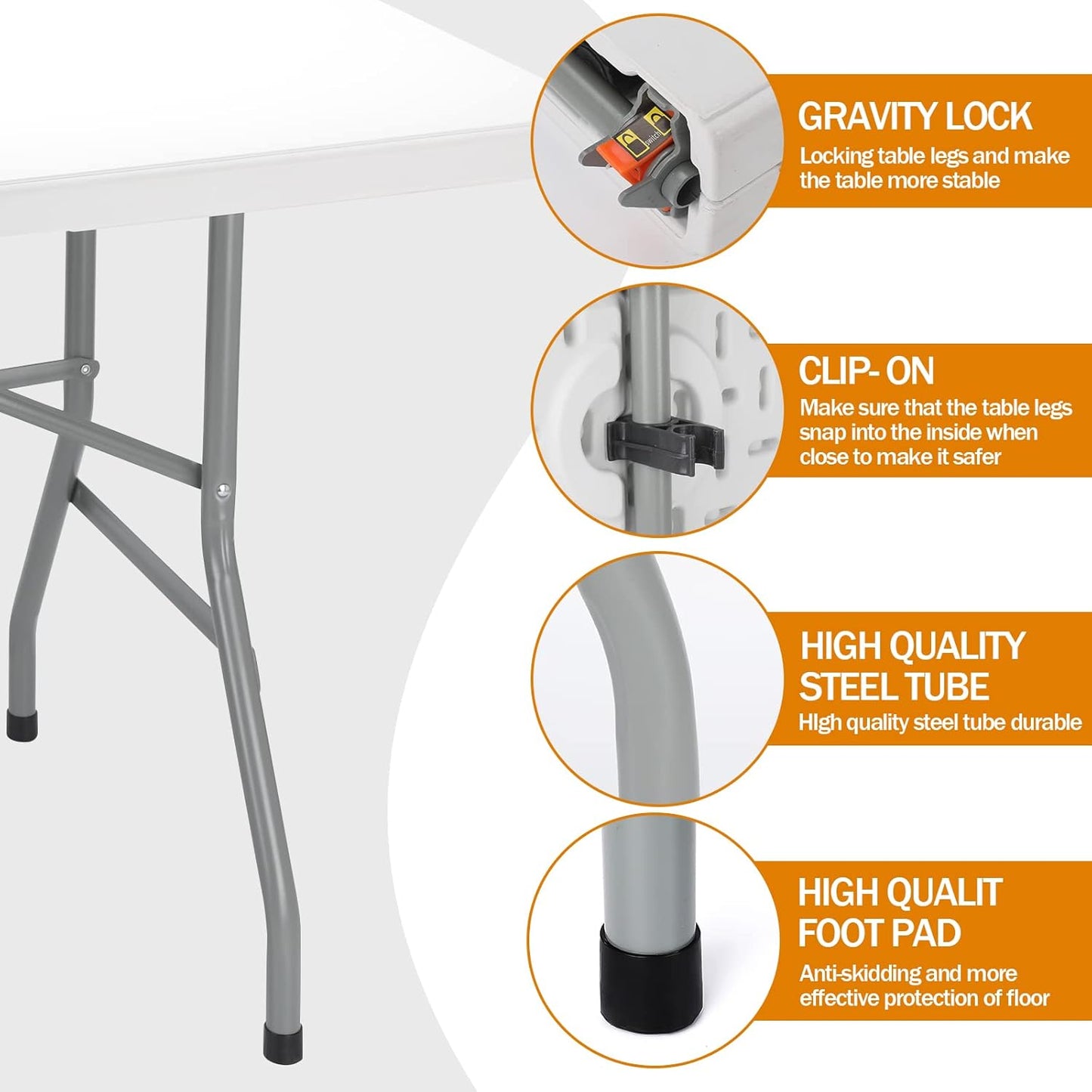 Folding Table 6ft Plastic Folding Table Indoor & Outdoor for Picnic, Camping,BBQ and Party, with Powder Coated Steel Legs and Built in Carry Handle, White