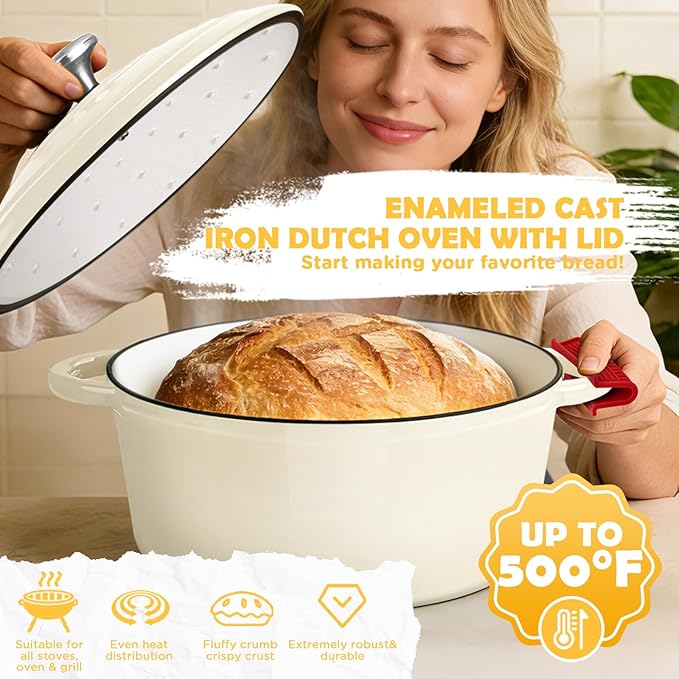 Enameled Cast Iron Dutch Oven Pot with Lid, Incl. Sourdough Bread Baking Supplies Like Banneton Bread Proofing Basket, Starter Jar, Bread Lame, 5QT Dutch Oven for Bread Baking, Oven Safe up to 500°F