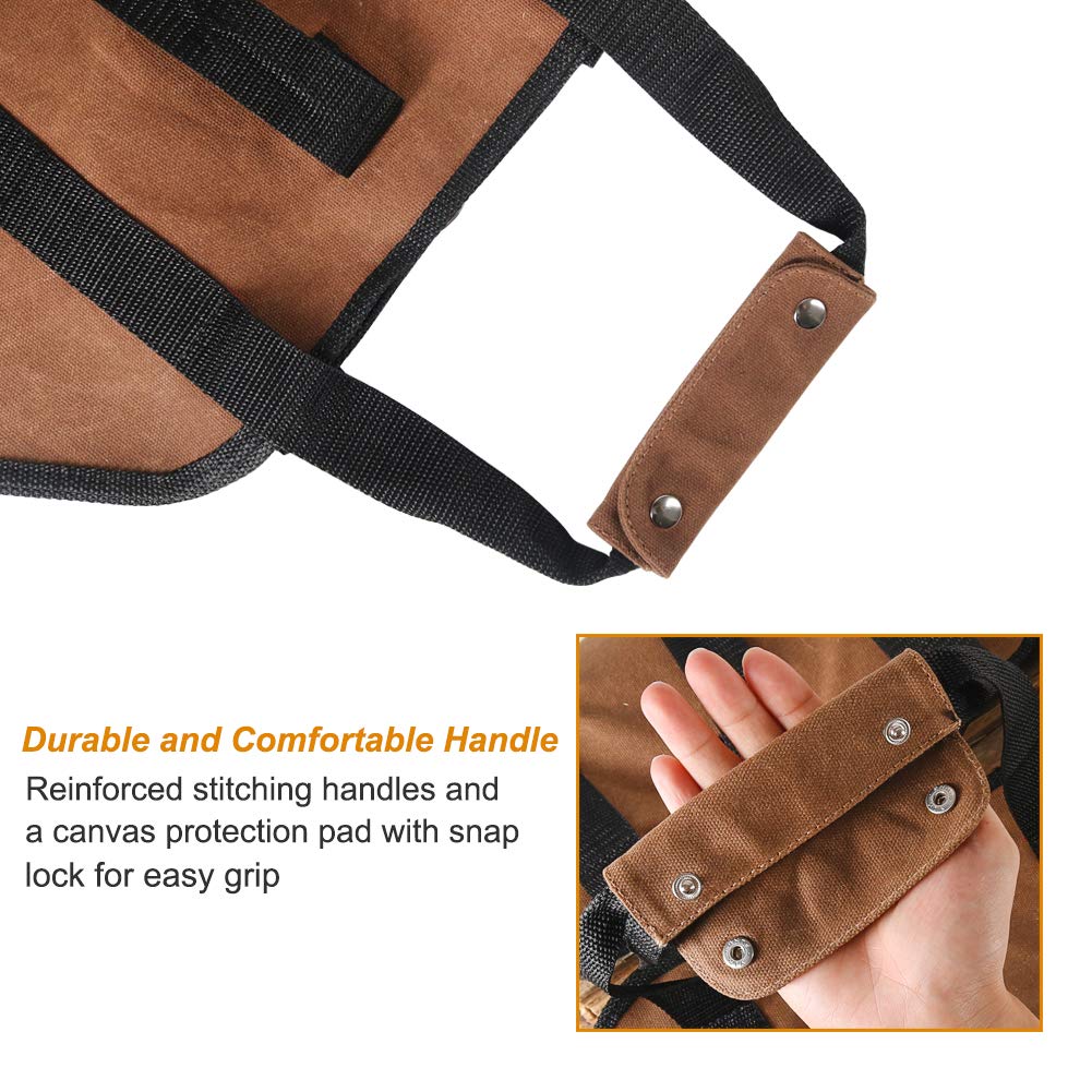Tenn Well Firewood Carrier, 38in x 18in 16oz Waxed Canvas Log Carrier for Firewood, Wood Carrying Bag with Handles Securing Straps for Indoors Camping Trip, Gifts for Men Dad Husband (Brown)