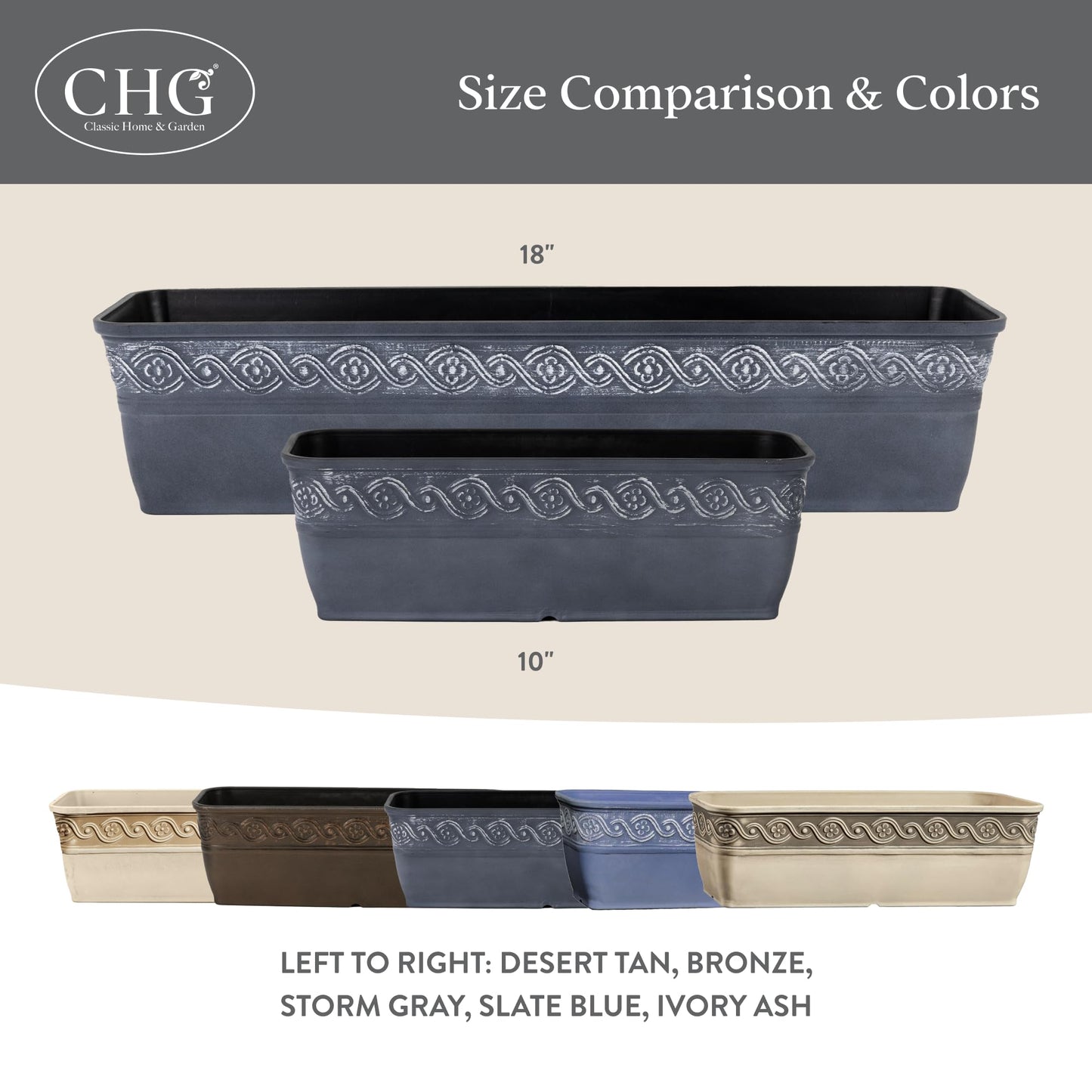 Classic Home and Garden Corinthian Rectangular Planter Box w/Drain Plug - Small Succulent Pots - Shallow Trough Planter for Indoor/Outdoor (10” Storm Gray, Pack of 1)