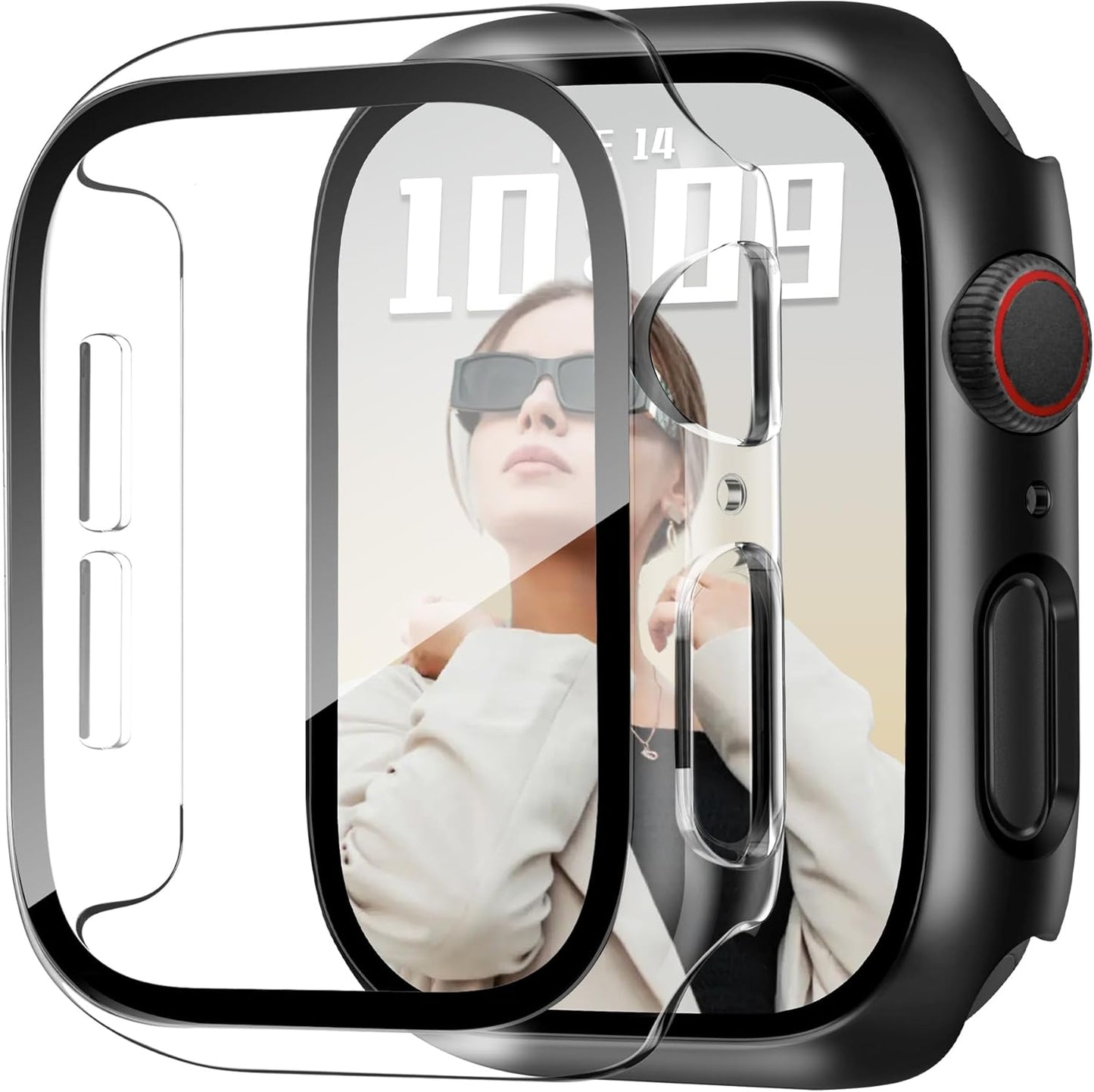 JR.DM 46mm 2 Pack Hard PC Case with HD Tempered Glass Screen Protector for Apple Watch Series 10/11 (2025), Guard Bumper Full Coverage Protective Anti-Scratch Face Cover for iWatch, Black+Clear