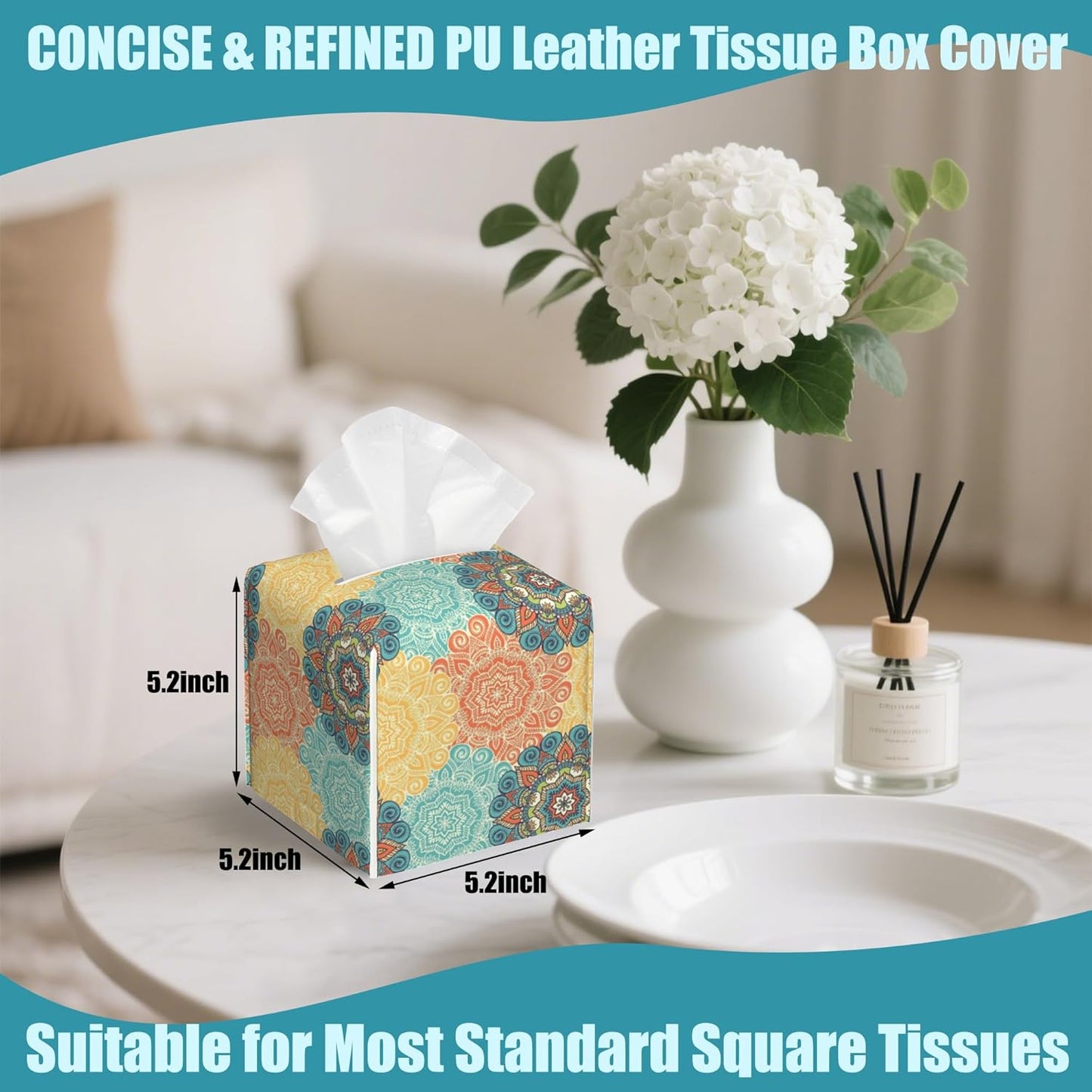 Vintage Floral Motifs Tissue Box Cover Square,Leather Tissue Holder with Bottom Belt,Waterproof Leather Facial Paper Organizer Tissue Box Cover for Office Bathroom Vanity Countertop,5.2" x 5.2" x 5.2"