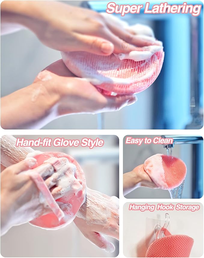 Manmihealth Silicone Back Scrubber(Thin Bristles) & Soft Bath Brushes Set, Super-Cleaning Body Scrubber & Super-Lathering Soft Bath Glove Combination, with a Free Hook.(Pink)