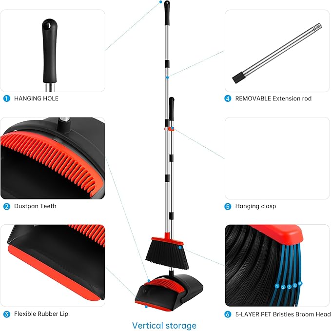 Broom and Dustpan Set, Broom with Dustpan Combo Set 54-in Long Adjustable Handle with Dust Pan Combo Teeth for Home Office Kitchen Lobby Floor Pet Hair Indoor&Outdoor Cleaning