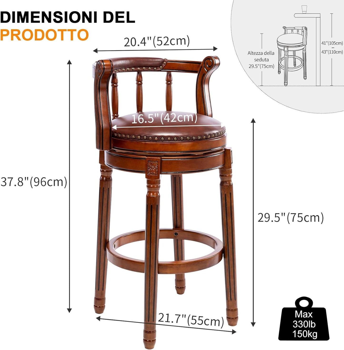Cow top Leather Wooden Bar Stools, 360 Degree Swivel Bar Height Chair with Backs for Home Kitchen Counter, Morden Chair Barstools (Brown 1pc, Bar Height-Seat Height 29.5”)