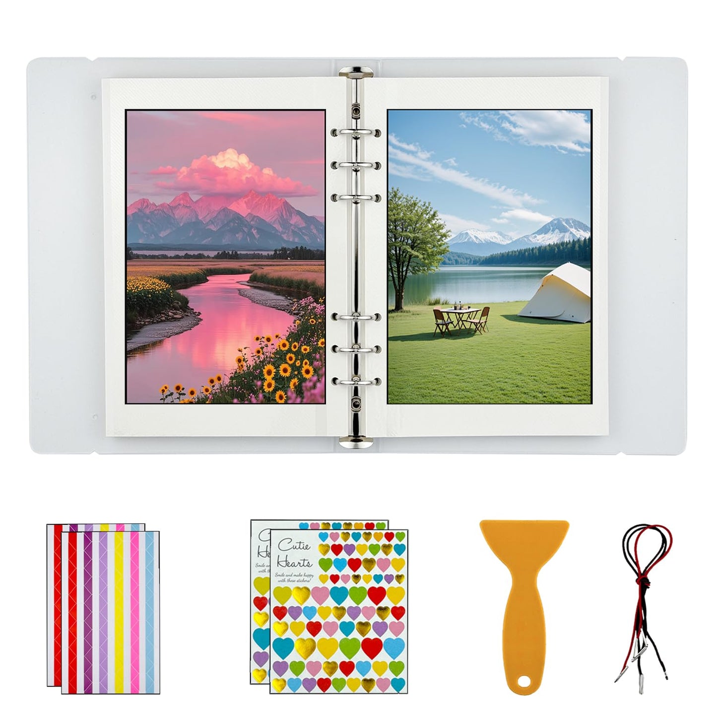7x9 Inch 6-Ring Self Adhesive Photo Album with 30 Sheets/60 Pages, DIY Scrapbook Album with Decorative Stickers & Scraper Tool for Photos, Posters, Stamps