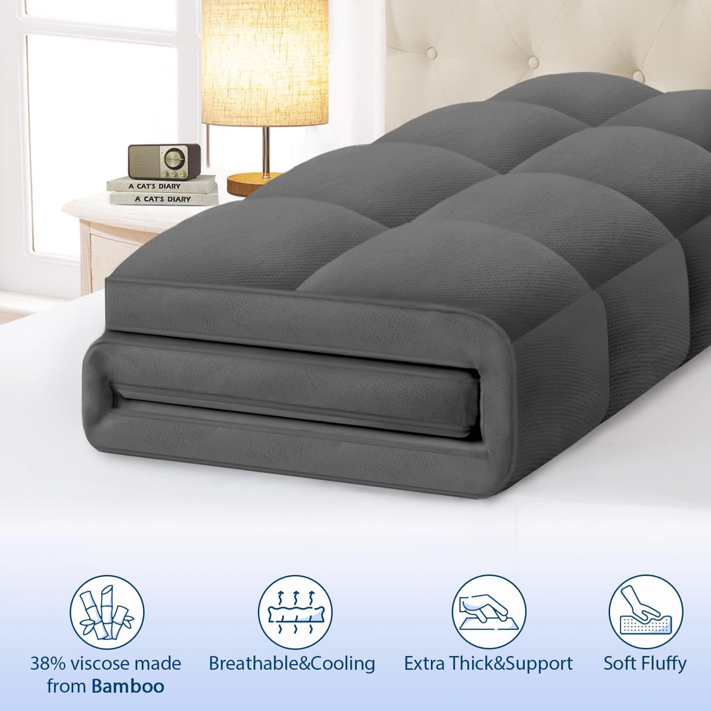 ELEMUSE Twin Grey Cooling Bamboo Viscose Mattress Topper for Back Pain, Extra Thick Mattress Pad Cover, Plush Soft Pillowtop with Elastic Deep Pocket, Overfilled Down Alternative Filling